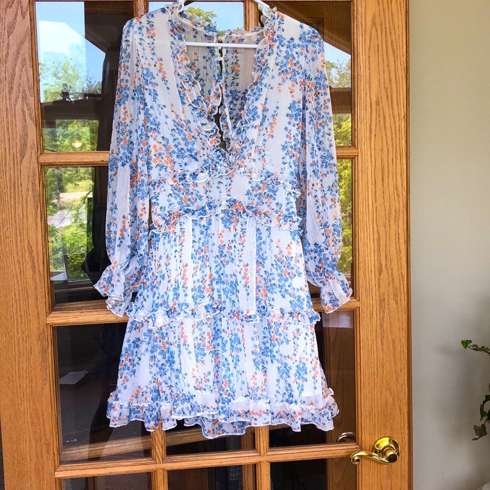 Long Sleeve White Floral Ruffle Dress